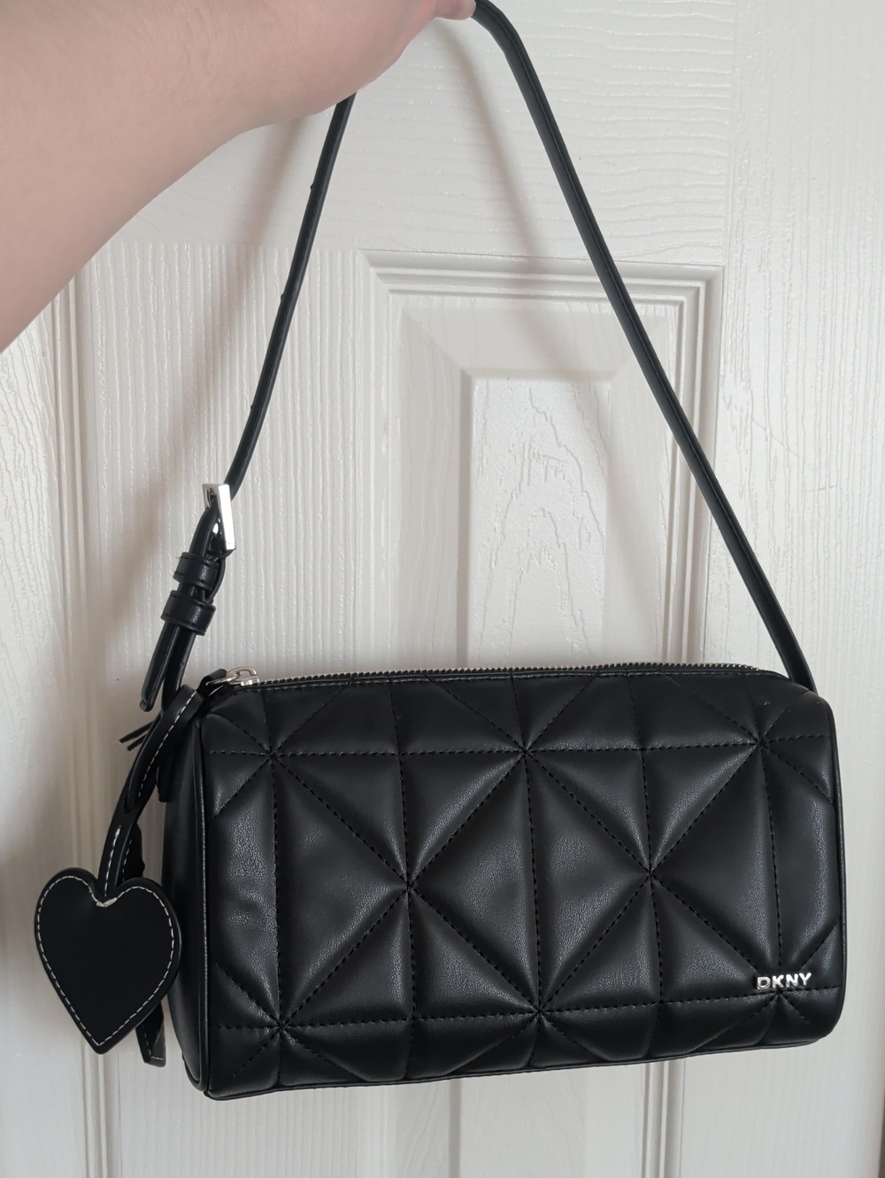 DKNY Black Quilted Leather Shoulder Bag with Heart Charm